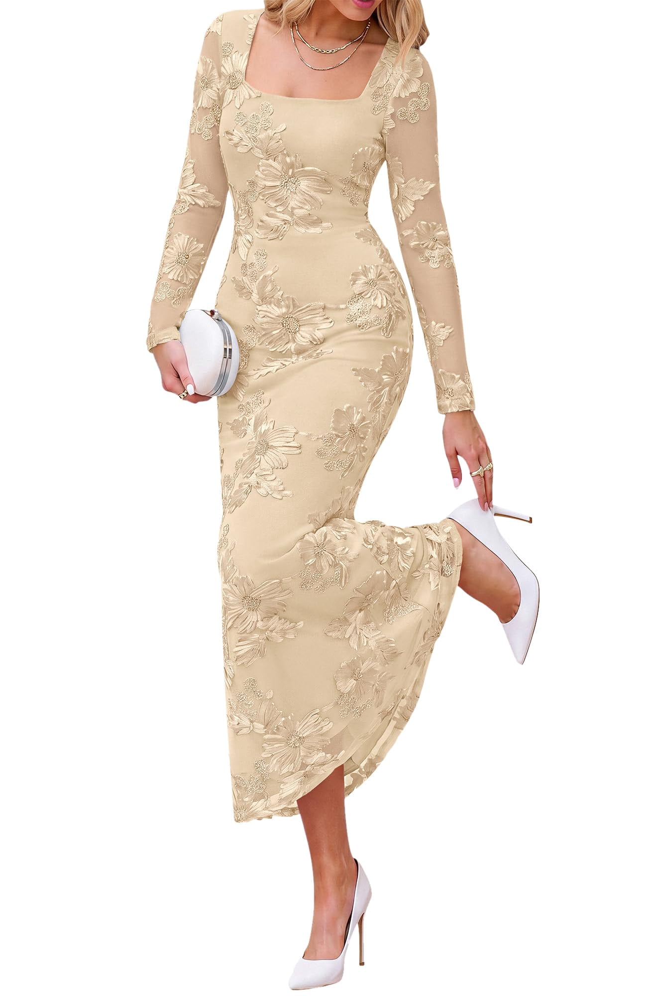 Y-Sunset Womens Long Sleeve Bodycon Floral Mesh Maxi Fall Wedding Guest Y-Sunset Womens Long Sleeve Bodycon Floral Mesh Maxi Fall Wedding Guest