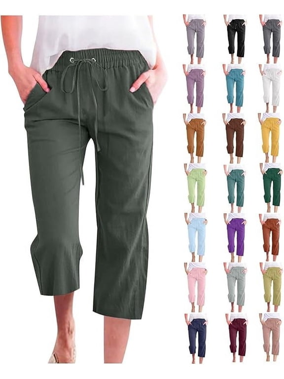 Womens Pants Cotton-Linen Capris for Women Summer Casual Wide-Leg Pants Lightweight Elastic-Waisted Drawstring Loose Pants with Pockets,XXXXXL,Beige