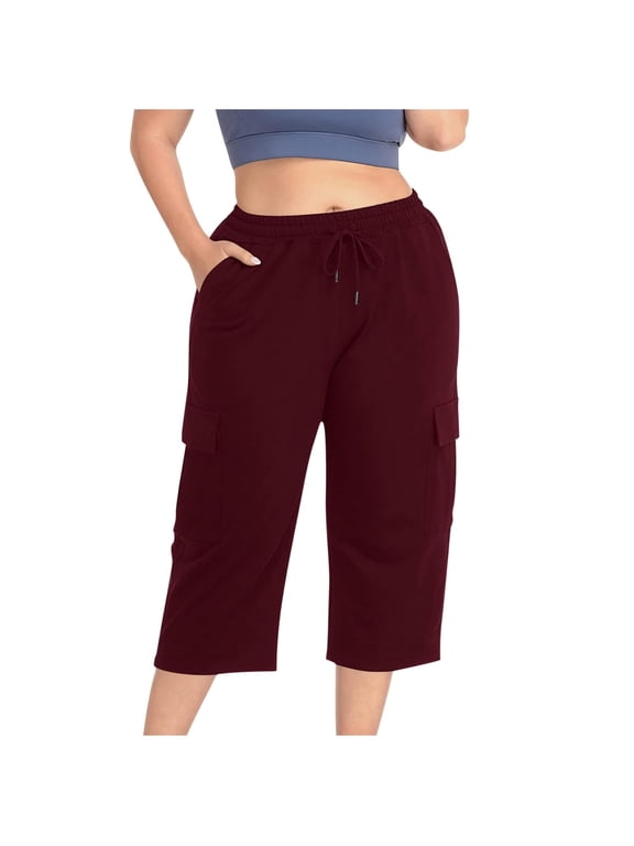 Womens Plus Size Cargo Capris Soft Stretch Drawstring Travel Casual Lounge Capri Pants for Women with Pockets,3XL,