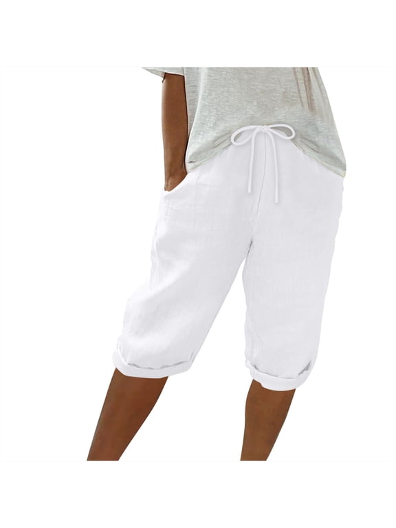Womens Summer Capri Pants Casual Cotton Linen Capris Elastic Waist Drawstring Beach Lounge Trousers with Pockets,2XL,White 1