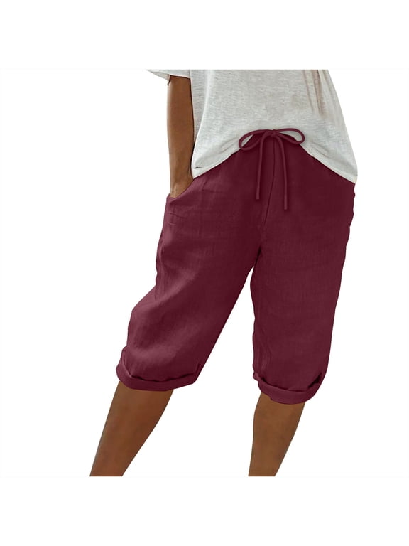 Womens Summer Capri Pants Casual Cotton Linen Capris Elastic Waist Drawstring Beach Lounge Trousers with Pockets,2XL, 1