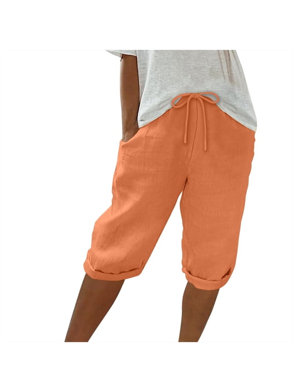 Womens Summer Capri Pants Casual Cotton Linen Capris Elastic Waist Drawstring Beach Lounge Trousers with Pockets,3XL,Orange