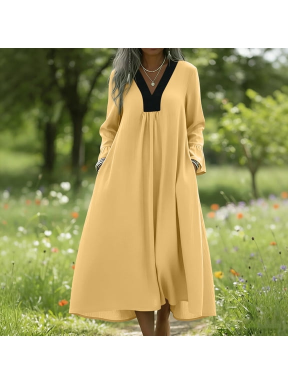 Womens Summer Dresses Cotton Linen Plus Size Maxi Dress Long with Pockets V Neck Long Sleeve Flowy Sundress for Ladies Loose,L,a_Yellow