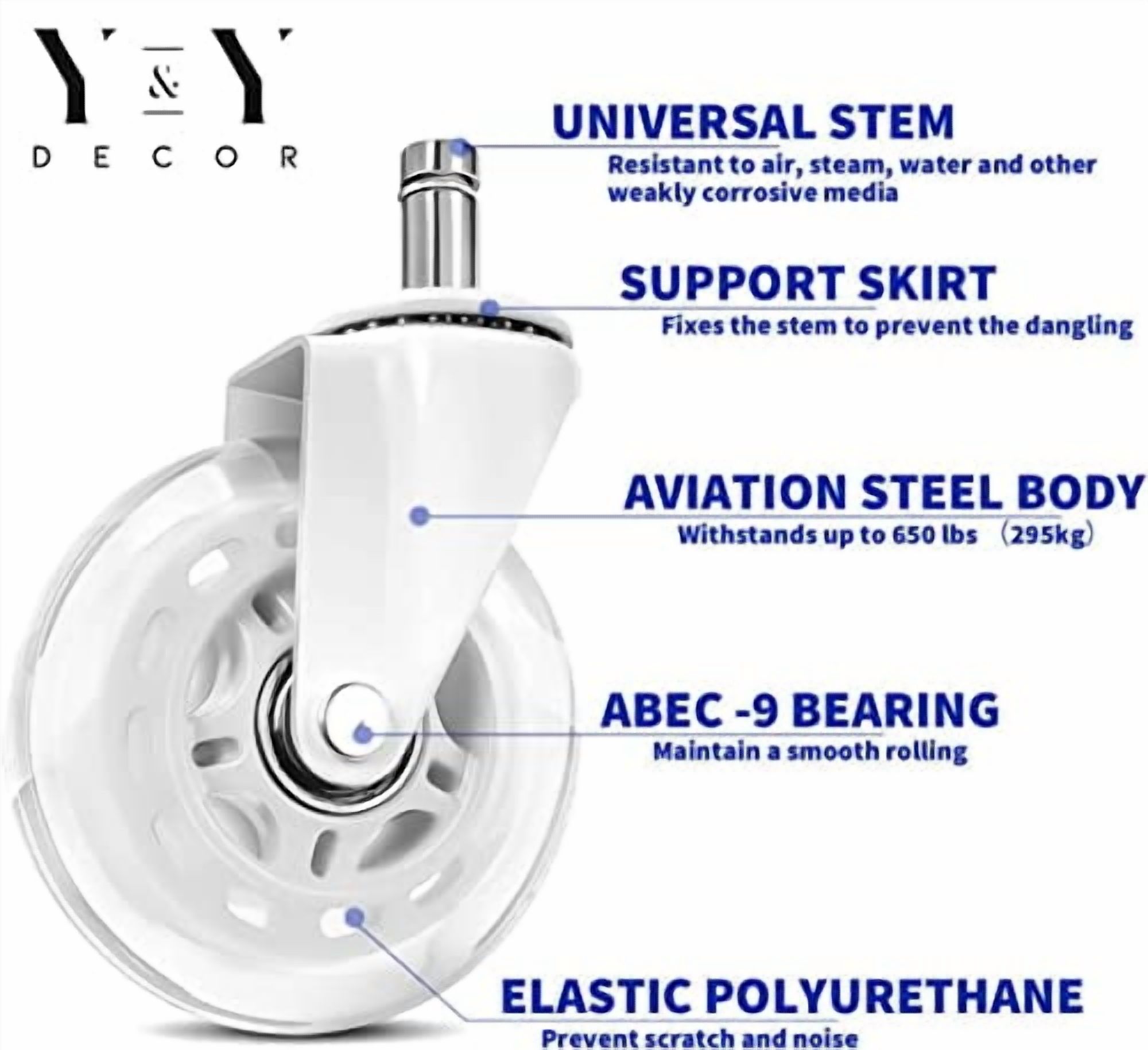 Y&Y Decor Set of 5 Office Chair Caster PU Swivel Wheels Replacement Heavy Duty 3 inch (White)
