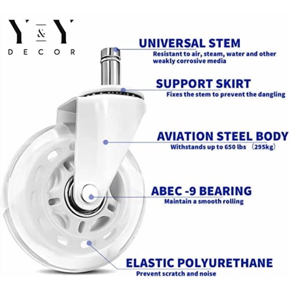 Y&Y Decor Set of 5 Office Chair Caster PU Swivel Wheels Replacement Heavy Duty 3 inch (White)