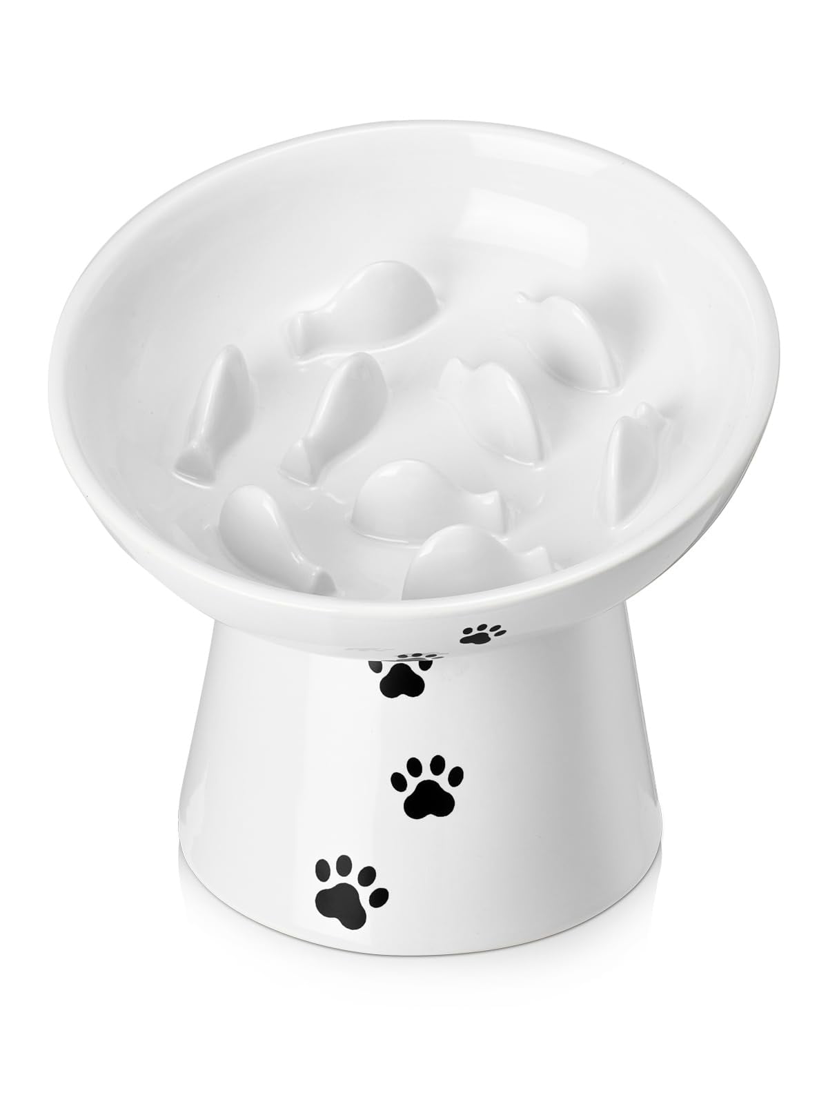 White Ceramic Elevated Cat Slow Feeder Bowl with Paw Prints
