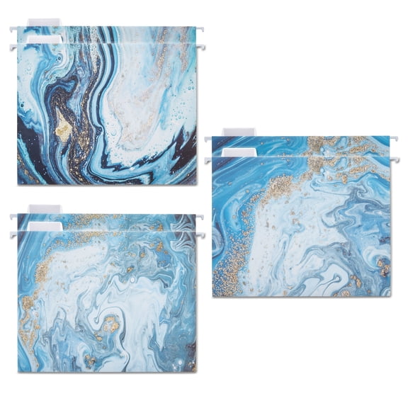 Y YOMA 12 Pack Decorative Hanging File Folders Letter Size Marble Cute Hanging Folder Pretty File Folder Organizer for Filing Cabinet Office Home with 1/5-Cut Adjustable Tabs, 3 Blue Marble Design
