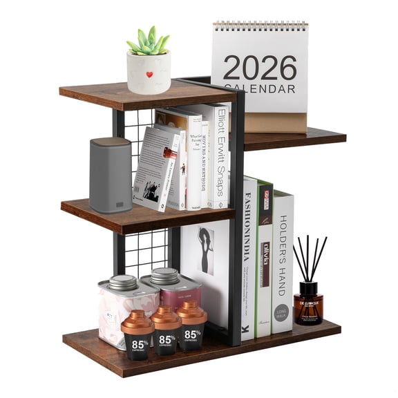 Y YOMA Desktop Bookshelf, 3 Tier Wood Desk Shelf for Top of Desk, Compact Vertical Storage Desk Organizer & Display Rack for Home Office Dorm, Rustic Brown