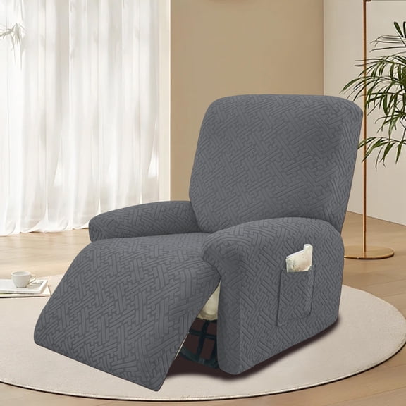 Y YUNHSOM Stretch Recliner Chair Cover, 4 Piece Jacquard Recliner Slipcover for Single Recliner Chair with Side Pocket, Soft Elastic 4-Piece Reclining Chair Cover, Pet Friendly Furniture Protector