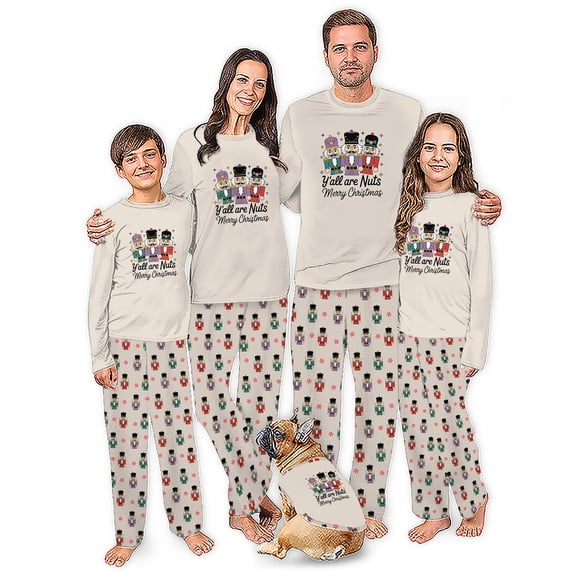 Y’all Are Nuts Matching Family Christmas Pajamas, Funny Nutcracker Merry Christmas PJs for Family and Pet, Cream