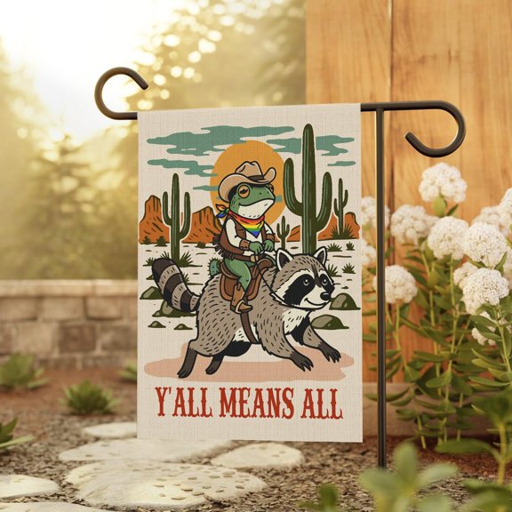 Y’all Means All Garden Flag, Retro Frog Raccoon LGBTQ Pride Decor, Western Outdoor Sign, Equality Banner for Inclusive Home, Welcome Flag