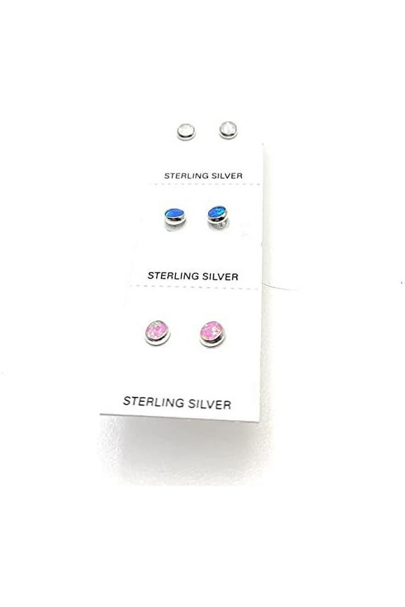 Opal Stud Earrings for Women with Blue, White and Pink Opal Inlay, 3mm