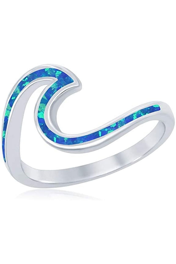 Wave Ring for Women with Blue Opal Inlay, Size 8