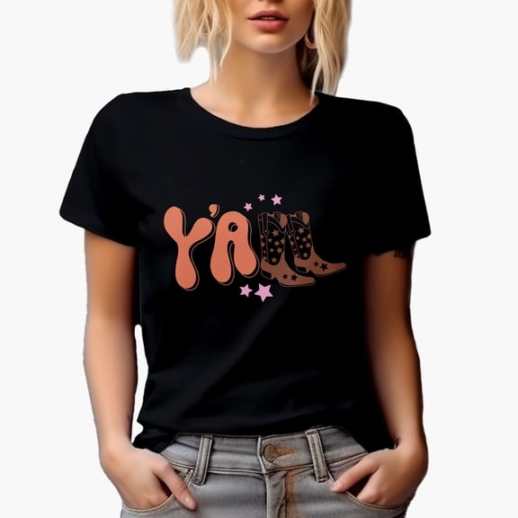 Y'all feat. Cowboy Boots Art Merch Gift, Black T-Shirt, 2XL