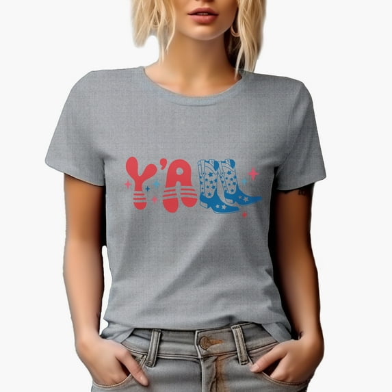 Y'all with Cowboy Boots, 4th of July Art Merch Gift, Heather Grey T-Shirt, Small