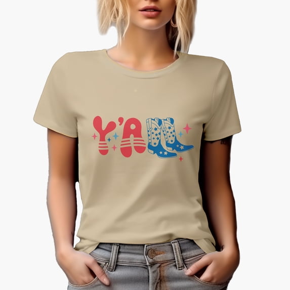 Y'all with Cowboy Boots, 4th of July Art Merch Gift, Tan T-Shirt, Small