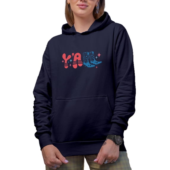Y'all with Cowboy Boots, 4th of July Gift, Navy Blue Hooded Sweatshirt or Hoodie, Small
