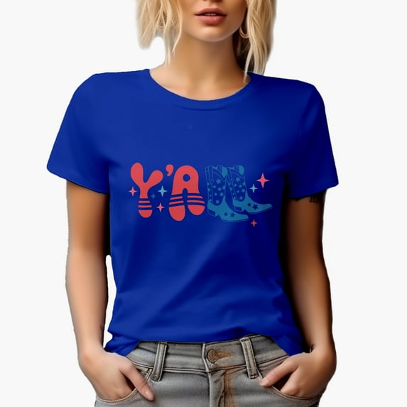 Y'all with Cowboy Boots, 4th of July Gift, Royal Blue T-Shirt, Large