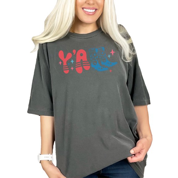 Y'all with Cowboy Boots, 4th of July, Pepper Comfort Colors T-Shirt, Large