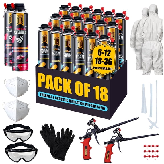 Y’allCanDIY Spray Foam Insulation Kit 18 Pack (32.8 oz Each), 360 Board Feet Coverage for Home Insulation, Gaps and Cracks, Wall, Garage and Attic, with Foam Gun & Accessories