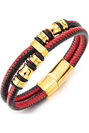 Y metal Color: Gold; Leather Color: Black & Red Bracelet With Goldtone