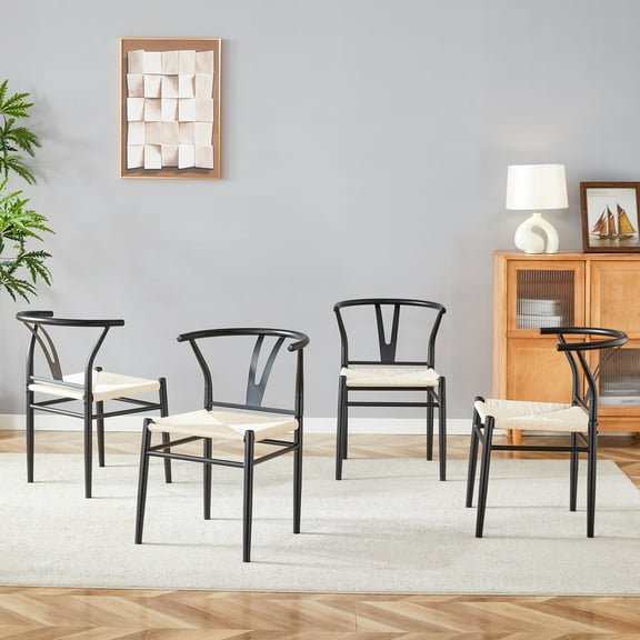 Y-shaped Medieval Style Armchairs (Set of 4), Woven Seat, Black Ironwork + Natural Rope Pattern