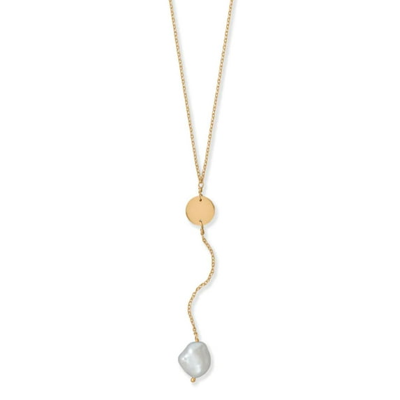 Y-style Pearl and Disk Necklace 14k Gold-plated Silver