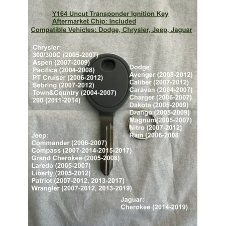 Y164 Uncut Transponder Car Key – Compatible with Dodge , Chrysler , Jeep , Jaguar, Vehicle Brands | Aftermarket Ignition Key with Chip