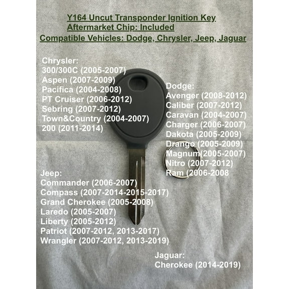 Y164 Uncut Transponder Car Key Compatible with Dodge , Chrysler , Jeep , Jaguar, Vehicle Brands | Aftermarket Ignition Key with Chip