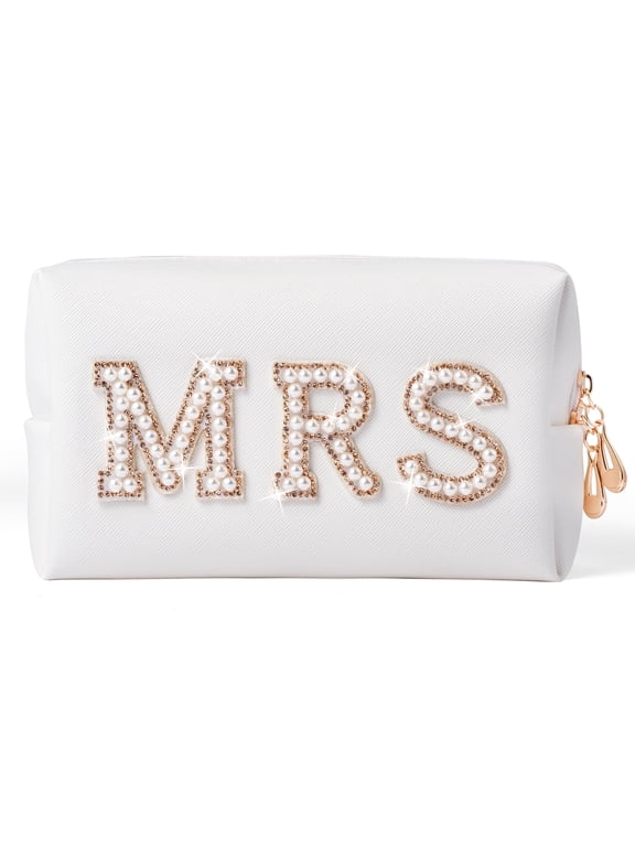 Large Bride Gold MRS Patch Varsity Letter Cosmetic Toiletry Pearl Rhinestone Letter Patches Makeup Bag PU Leather Waterproof Portable Zipper Big Travel Organizer for Wedding Bridal