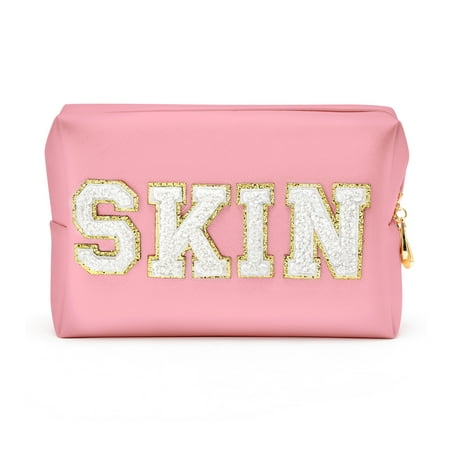 Y1tvei Preppy Patch SKIN White Letter Pink Cosmetic Toiletry Bag PU Leather Portable Makeup Bag Daily Use Storage Pouch Toiletry Purse Waterproof Organizer for Travel Varsity Women Girls Teens(Pink)