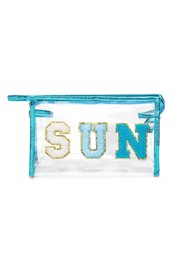 Preppy Patch SUN Varsity Letter Cosmetic Toiletry Bag Transparent PVC Zipper Makeup Bag Daily Use Clutch Purse Portable Waterproof Travel Organizer Compliant Bag for Women Girls (Blue)