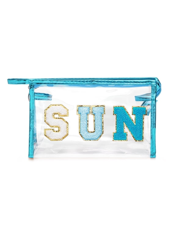 Preppy Patch SUN Varsity Letter Cosmetic Toiletry Bag Transparent PVC Zipper Makeup Bag Daily Use Clutch Purse Portable Waterproof Travel Organizer Compliant Bag for Women Girls (Blue)