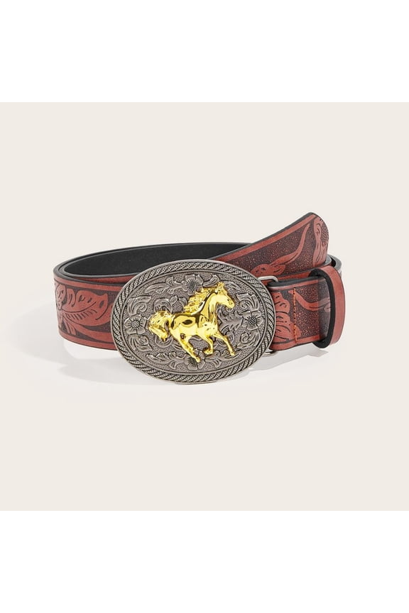 Y2 Fashion Jeans Belt with Gold Horse Carved Buckle PU Leather Floral Printed Belt Retro Women Men's Belts Western Cowboy Waistband