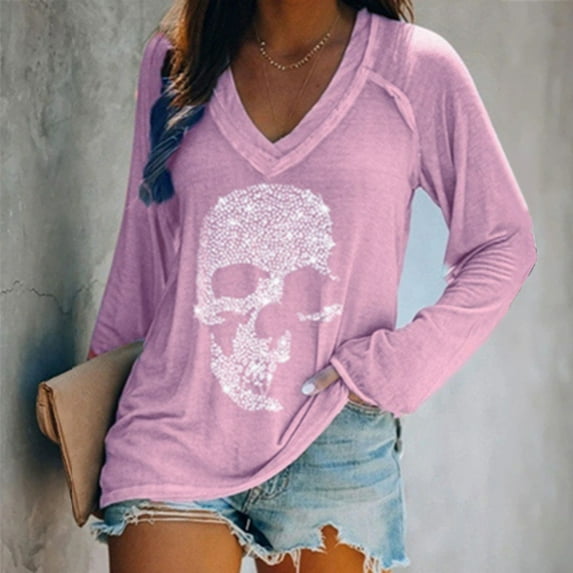 Halloween Y2K Womens Rhinestone Skull Tank Tops Long Short Sleeve Summer V Neck Sleeveless Shirts