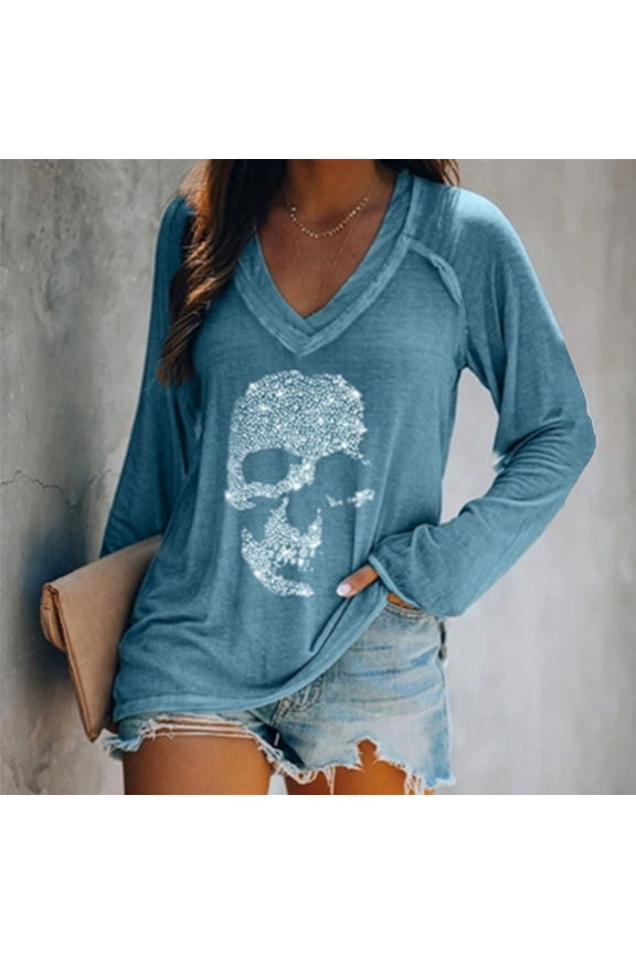 Halloween Y2K  Womens Rhinestone Skull Tank Tops Long Short Sleeve Summer V Neck Sleeveless Shirts