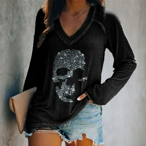 Halloween Y2K Womens Rhinestone Skull Tank Tops Long Short Sleeve Summer V Neck Sleeveless Shirts