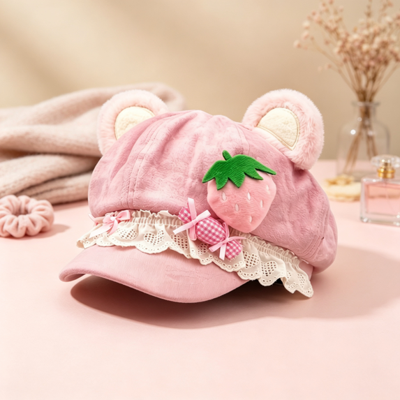 Y2K 2000S Cutecore Bear Ears Beret Hat, Hats for Women,Cute Plush Octagonal Newsboy Cap,Sweet Lolita Style with Lace Ruffle & 3D Food Applique,Polyester Suede‑Like Hat-Pink
