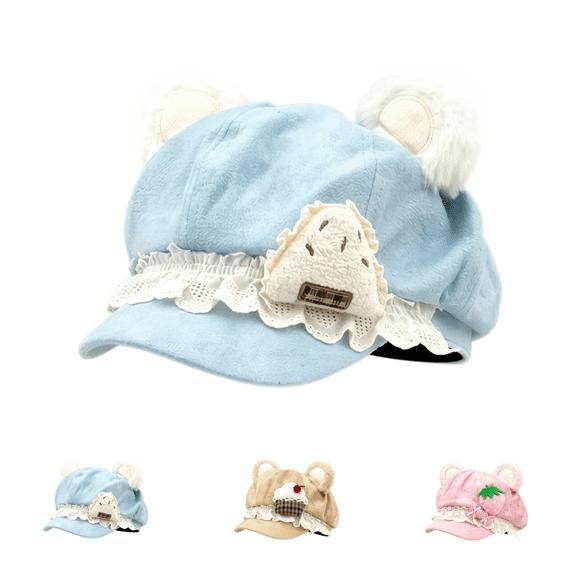 Y2K 2000S Kawaii Cutecore Bear Ears Beret Hat, Hats for Women,Sweet Lolita Octagonal Newsboy Cap,Soft Polyester Suede‑Like,Lace Ruffle & 3D Food Appliques Fashion Accessories-Blue