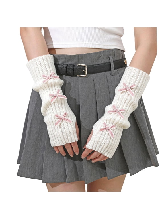 Y2K Cute Arm Warmers for Women Thumb Hole Long Sleeve Fingerless Gloves Knitted Harajuke Style Arm Sleeves Kawaii with Bownot(Pink)