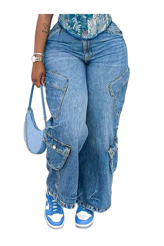 Y2K Baggy Jeans Vintage Washed Streetwear Fashion Cargo Pants with Multiple Pockets Blue L