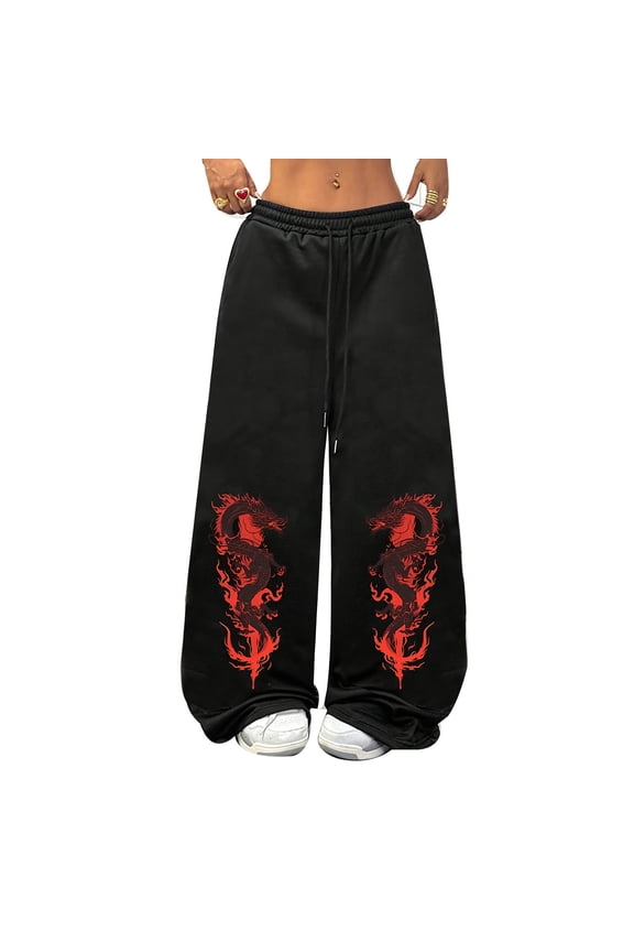 Y2K Baggy Sweatpants Goth Graphic Pants for Men Women Alt Emo Harajuku Streetwear Black Polyester Casual Athletic Wear
