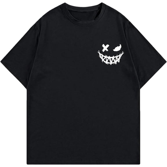 Y2K Black Smile Graphic T-Shirt for Men Women, Streetwear Hip Hop Short Sleeve Tee, Aesthetic Grin Face Casual Cotton Top, Loose Fit Urban Fashion Apparel for Spring