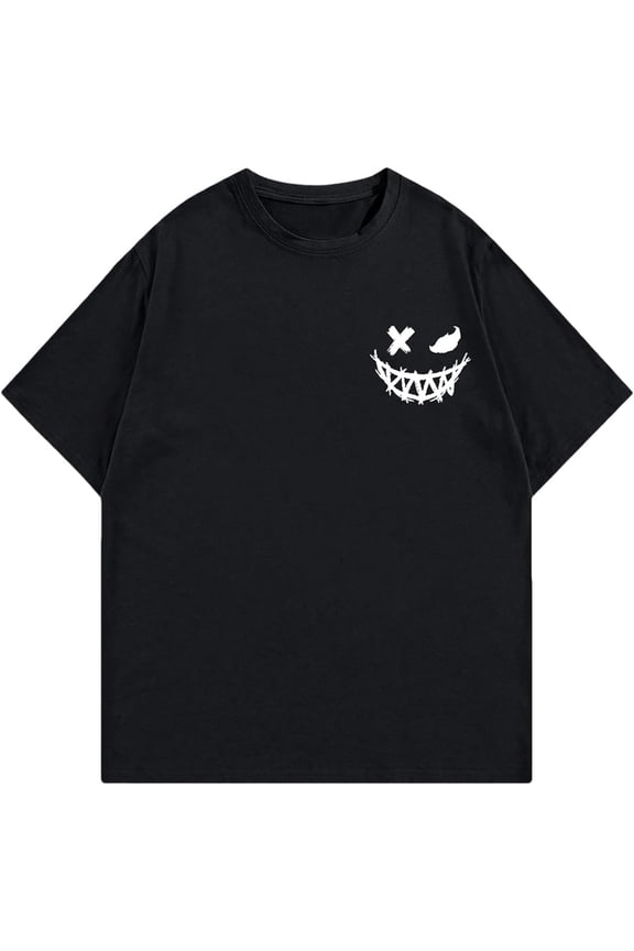 Y2K Black Smile Graphic T-Shirt for Men Women, Streetwear Hip Hop Short Sleeve Tee, Aesthetic Grin Face Casual Cotton Top, Loose Fit Urban Fashion Apparel for Spring