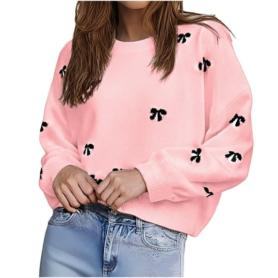 Y2K Bow Print Sweater for Women 2025 Fall Winter Fleece Warm Crewneck Long Sleeve Drop Shoulder Knit Pullover Oversized Sweaters (S, Pink)