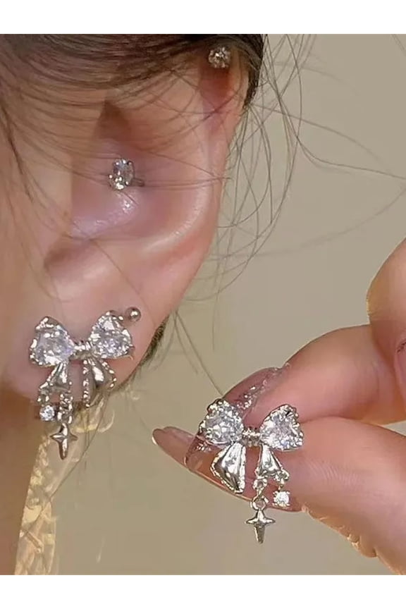 Y2K Bowknot Zircon Stud Earrings for Women Fashion Korean Silver Color Pink Crystal Personality Earring Lady Party Jewelry Gifts