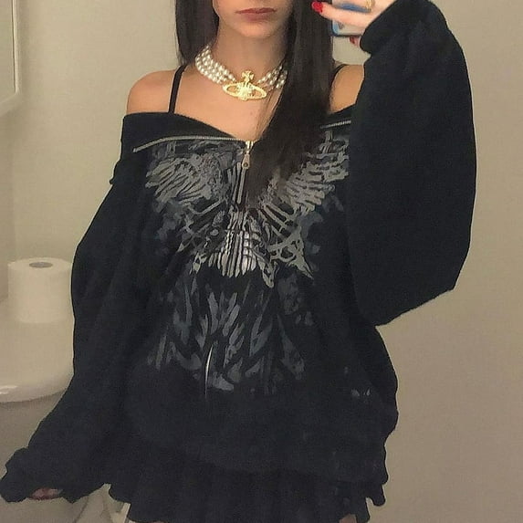 Y2K Butterfly Print Hoodies Women Gothic Grunge Long Sleeve Oversize Zip Up Hoodie Jacket Harajuku Hooded Sweatshirt Streetwear