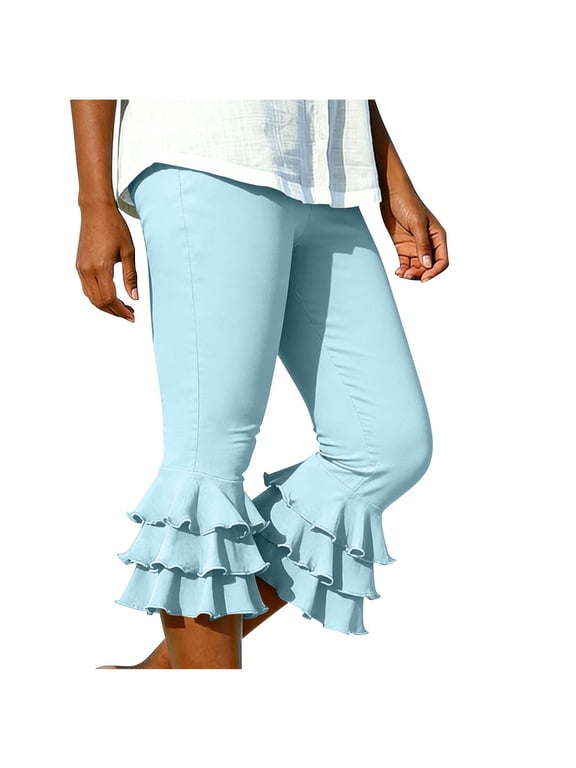 Y2K Capri Pants for Women Trendy Tiered Ruffle Hem Flare Leggings Bell Bottom Skinny Cropped Bloomer Trousers Light Blue S