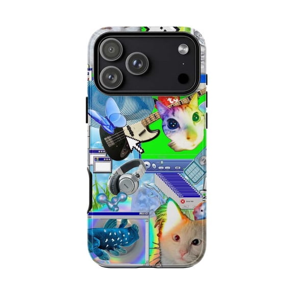 Y2K Cat Collage Phone Case, Retro Aesthetic iPhone Cover with Music and Tech Graphics, Protective Case for iPhone 17 16 15 14 13 12 11 Plus Pro Max Mini