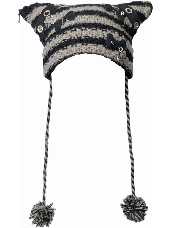 Y2K Cat Ear Beanie for Women - Gothic Punk Knit Hat with Charms, Kawaii Skull Cap Black/Blue/Pink Grunge Streetwear